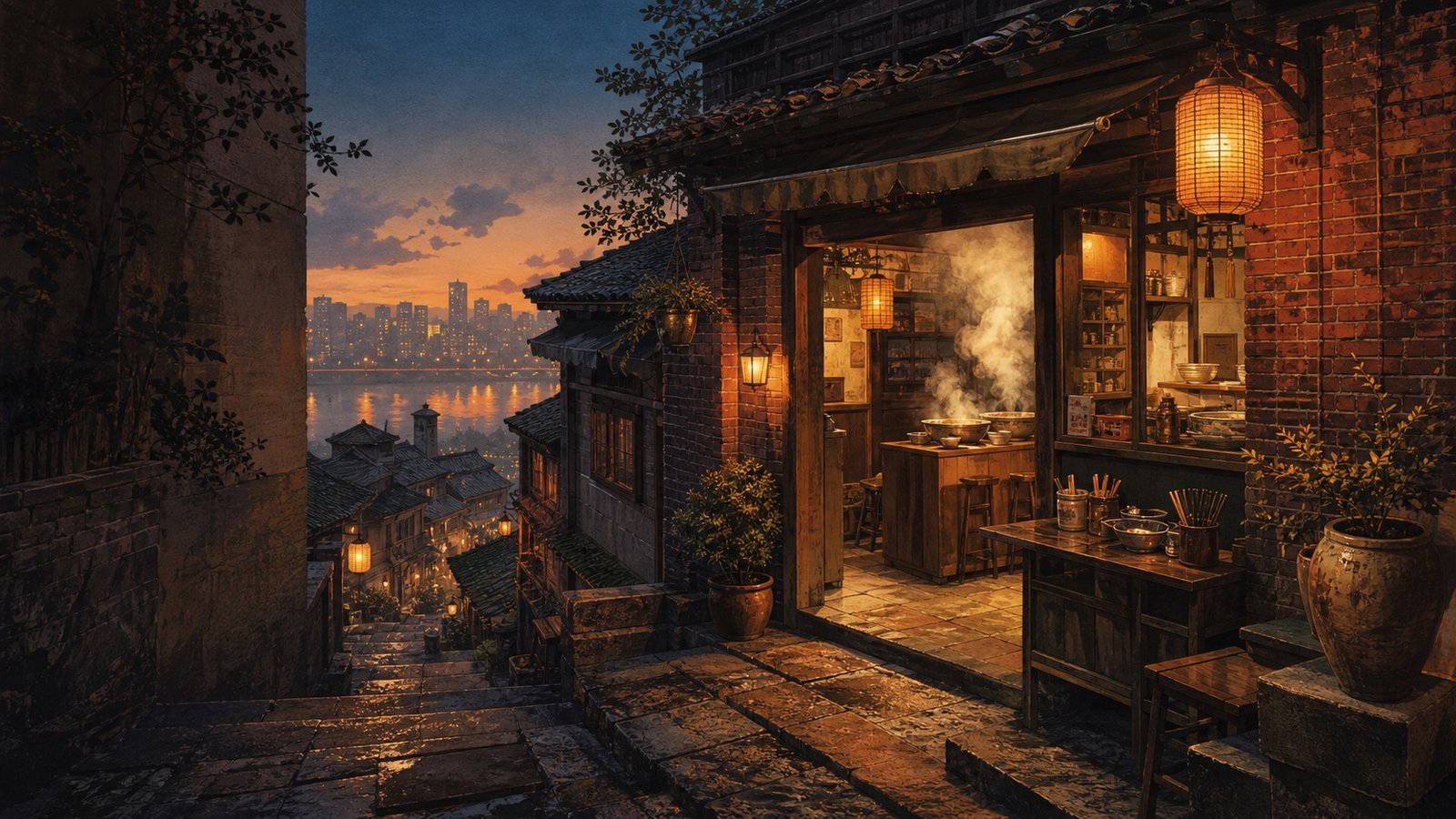 A narrow old lane in Daijiaxiang, Chongqing, with brick walls and a wooden noodle shop front under warm light