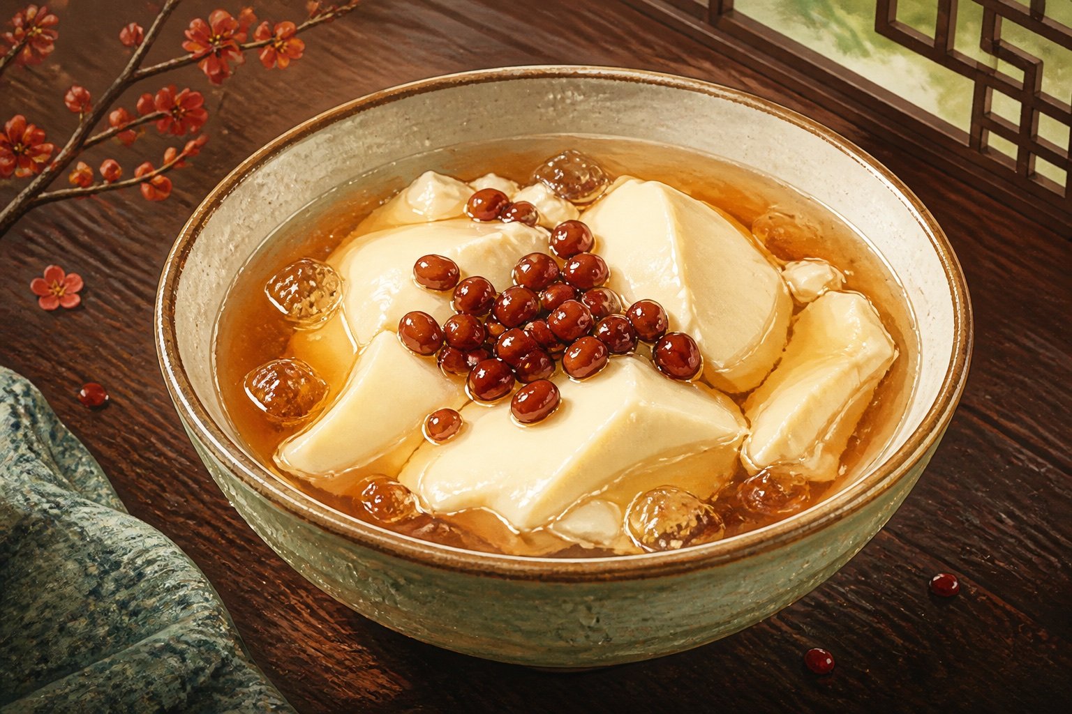 Signature iced tofu pudding: chilled tofu in sweet syrup in a rustic bowl, topped with red beans