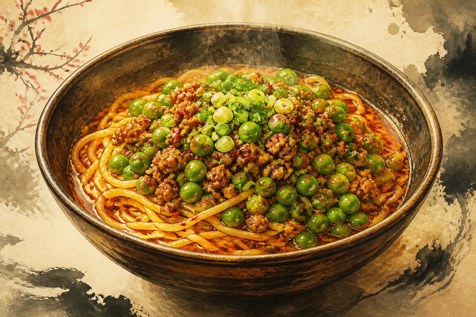 Heritage pea and pork sauce noodles: Chongqing noodles topped with stewed peas, minced pork, chilli oil and spring onion