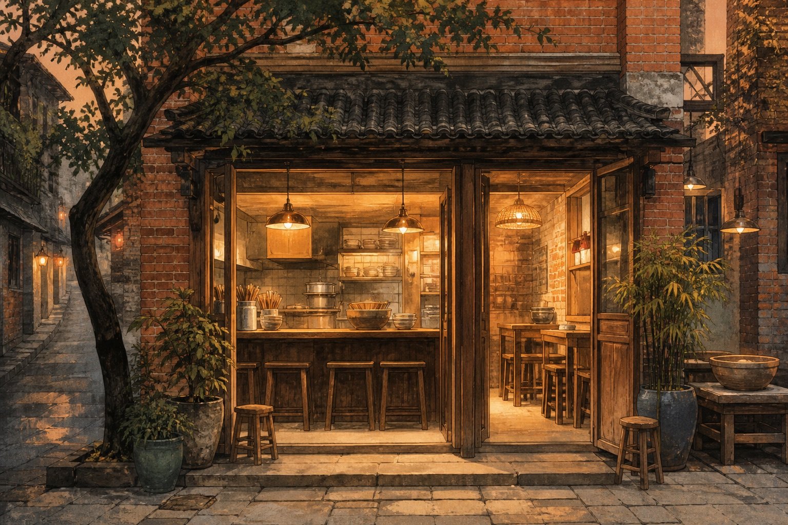 The wooden shopfront and sign of Wenjuan Noodle House in a Chongqing old lane at dusk