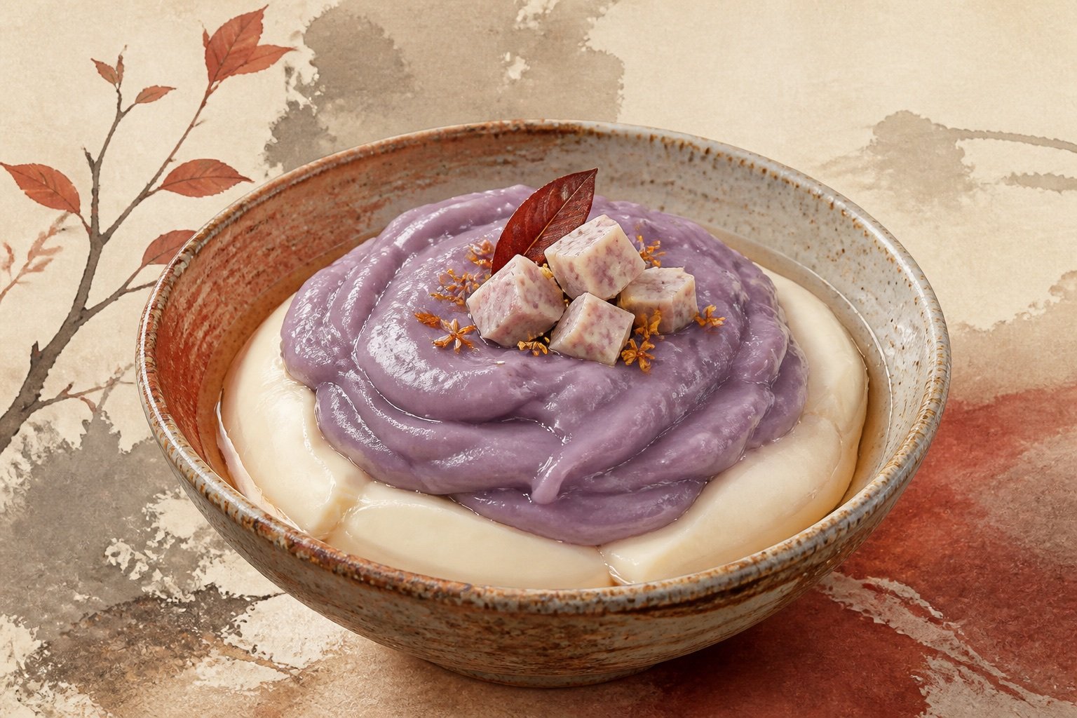 Taro iced tofu pudding: chilled tofu pudding topped with a layer of purple taro paste